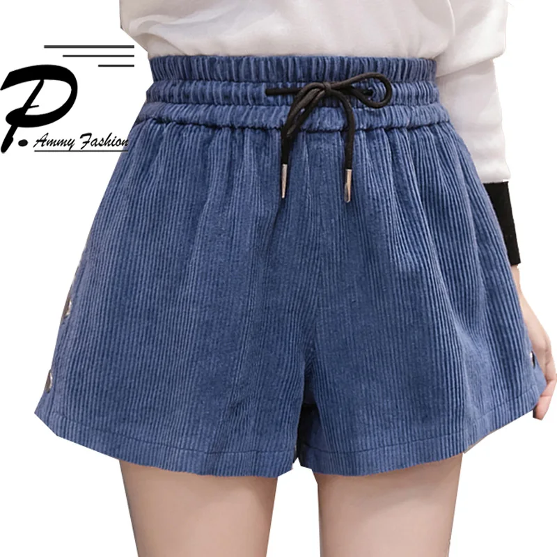 Зимние вельветовые Шорты с высокой талией сапоги 2018 Для женщин Винтаж брюки