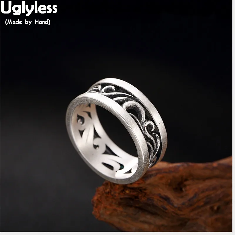 

Uglyless Real 990 Silver Fine Jewelry Retro Leaf Totem Pattern Hollow Finger Ring Ethnic Women Handmade Rings Thai Silver Bijoux