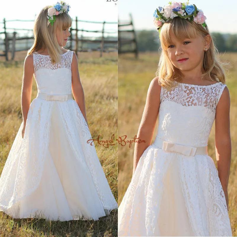 White/Ivory sheer Lace Flower Girl Dress for country wedding Floor Length junior bridesmaid first communion outfit | Детская одежда и