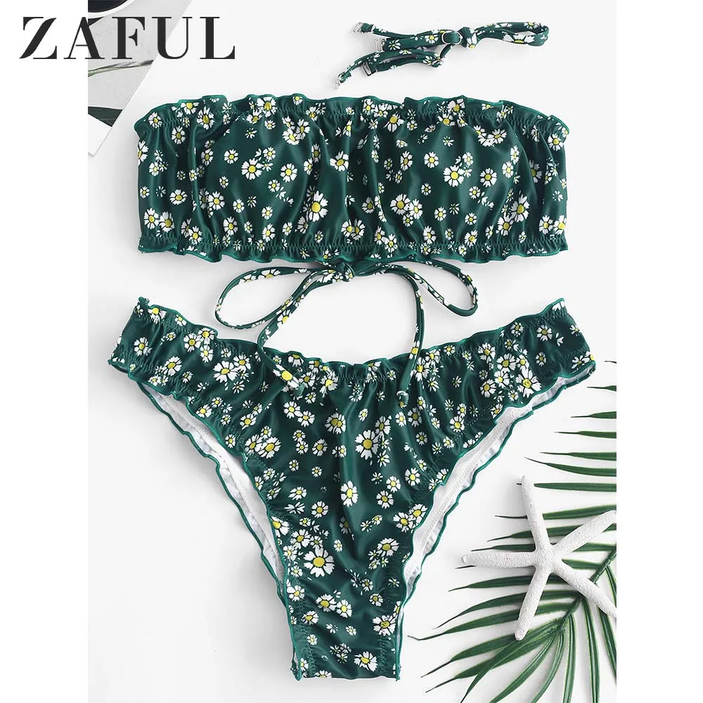 Женский купальник бикини ZAFUL с принтом маргаритки на шнуровке без бретелек