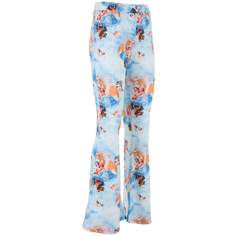 Женские Длинные клеши с забавным принтом 2019 Высокая уличная широкая нога