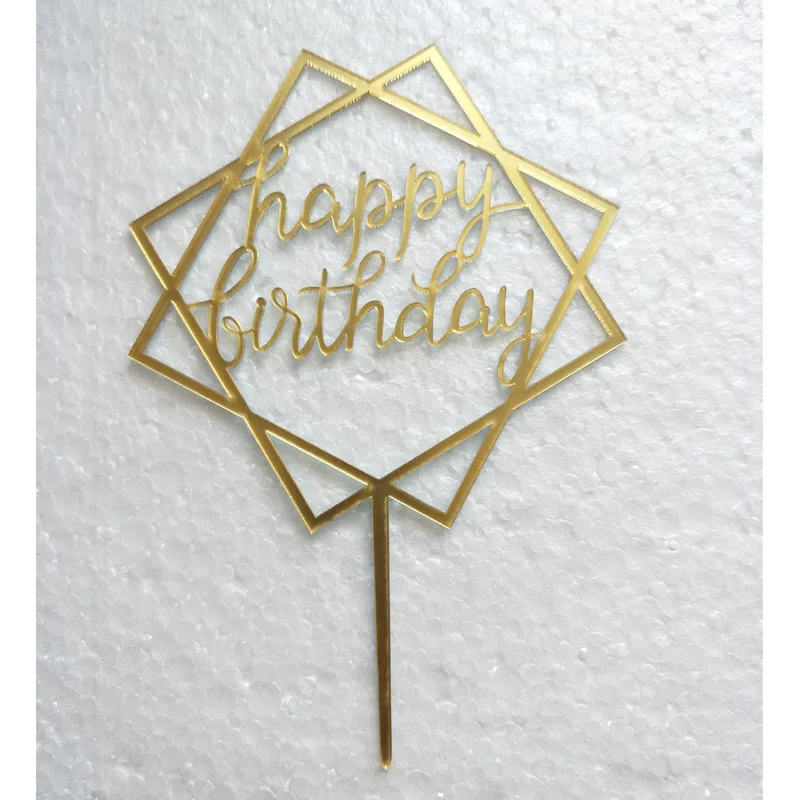 Mirror Effect Gold Happy Birthday Cake Topper Acrylic Baby Shower Birthday Cake Flags Love Heart Cake Decorations Wedding Supply