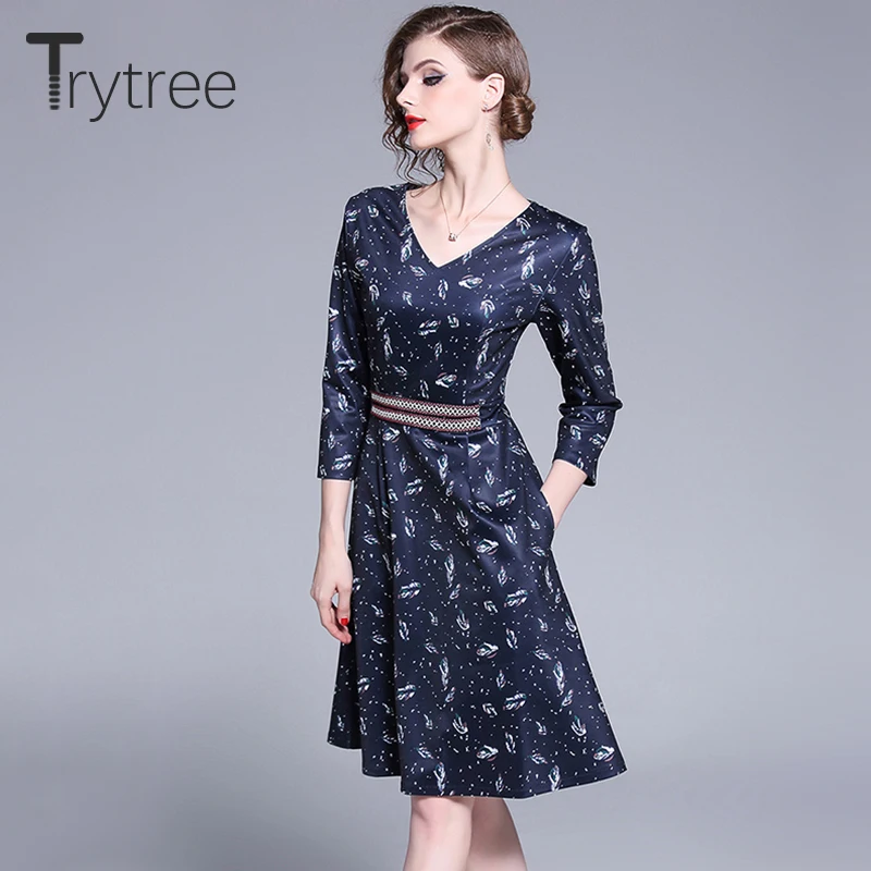 Trytree весеннее летнее платье Элегантное ТРАПЕЦИЕВИДНОЕ женское с карманами три