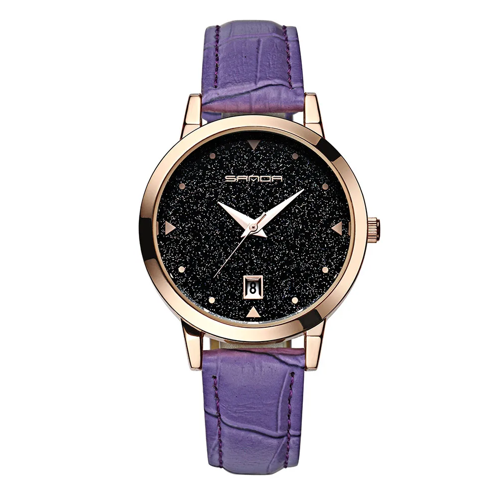 purple scale SANDA Женские Простые креативные часы золотые женские часы Звездный циферблат кожаный ремешок водонепроницаемые кварцевые наручные часы Relogio Feminino - Цвет: purple scale