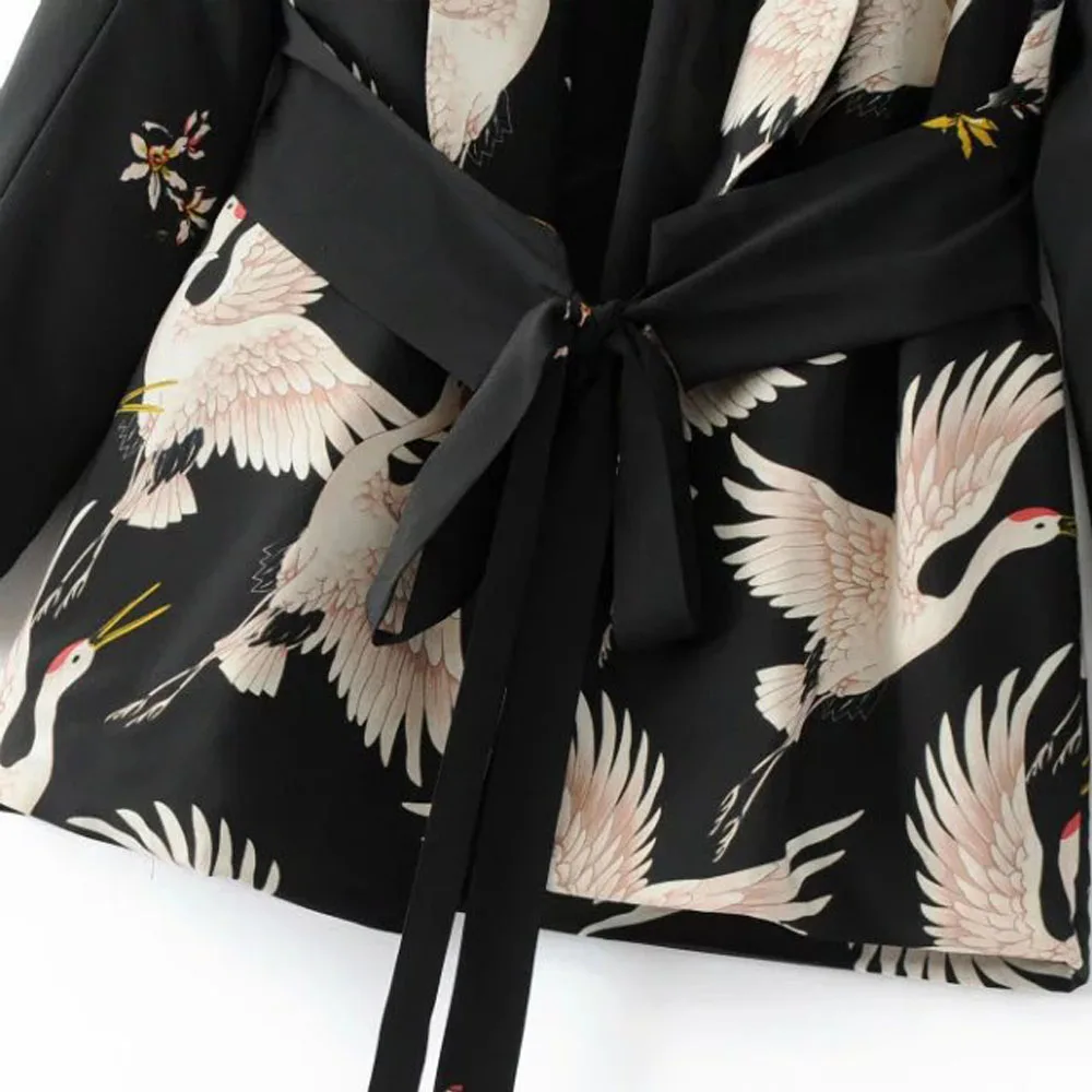 Новинка 2017 блейзеры кимоно с цветочным рисунком кран черный пояс костюм тонкая