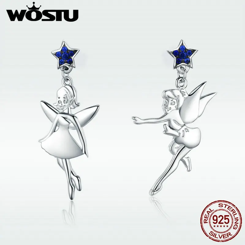 WOSTU, лидер продаж, новинка, 925 пробы, серебро, танцующая фея, голубой CZ, висячие серьги для женщин, Стерлинговое Серебро, модное ювелирное изделие, подарок CQE376