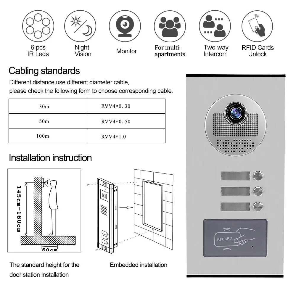 Video Door Phone Doorbell Camera Outdoor Unit RFID Keyfobs Unlock for Low-rise Building Multi 2/ 3/ 4/ 6/ 8 Apartments Intercom images - 6