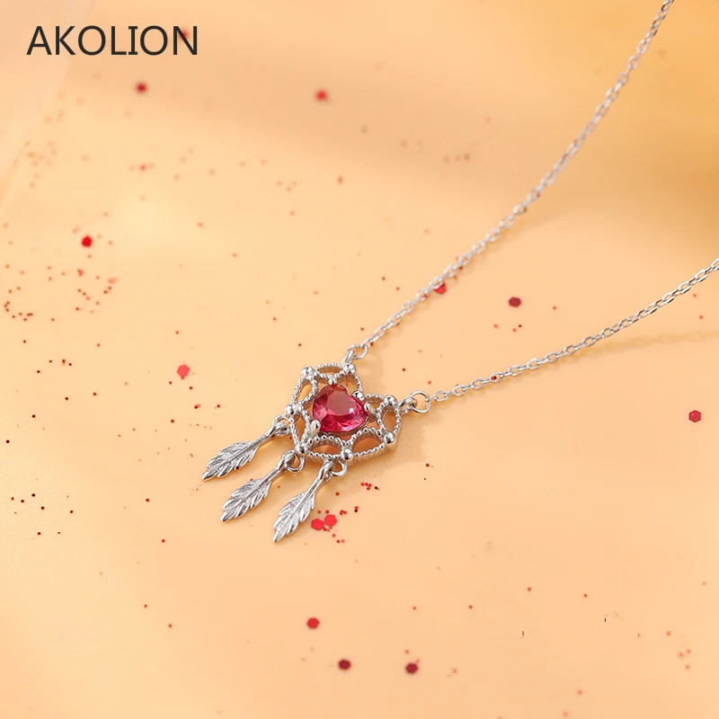 Серебряное красное сердце, Ловец снов, перо, ожерелье 925 AAA, сердце, циркон, подвески, ожерелье для женщин, модное ожерелье, ювелирные изделия для девушек