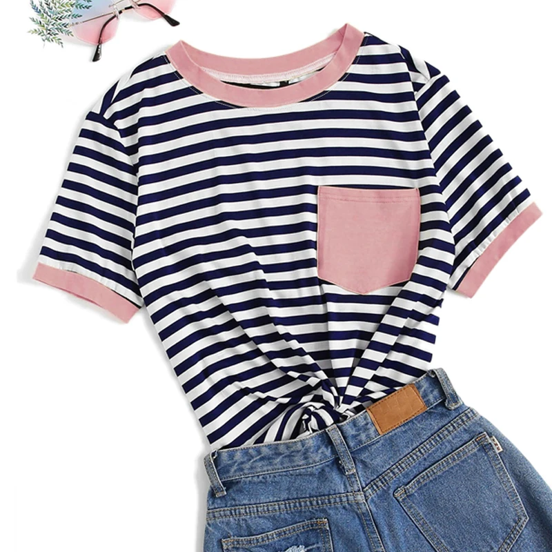 SHEIN, женская летняя полосатая футболка с круглым вырезом и накладным карманом размера плюс