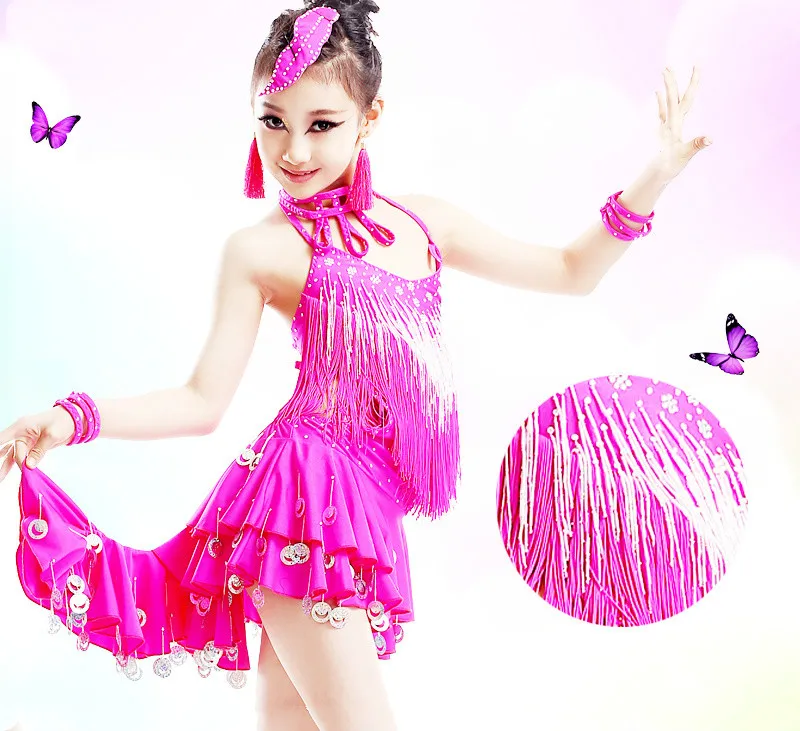 Children's Latin dance costumes girls skirts New competition performance Drill sequins tassels | Тематическая одежда и