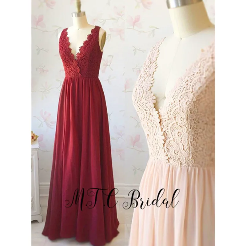 

2019 New Burgundy Long Elegant Evening Dress V Neck A Line Floor Length Chiffon Lace Top Cheap Wedding Party Dresses Plus Size