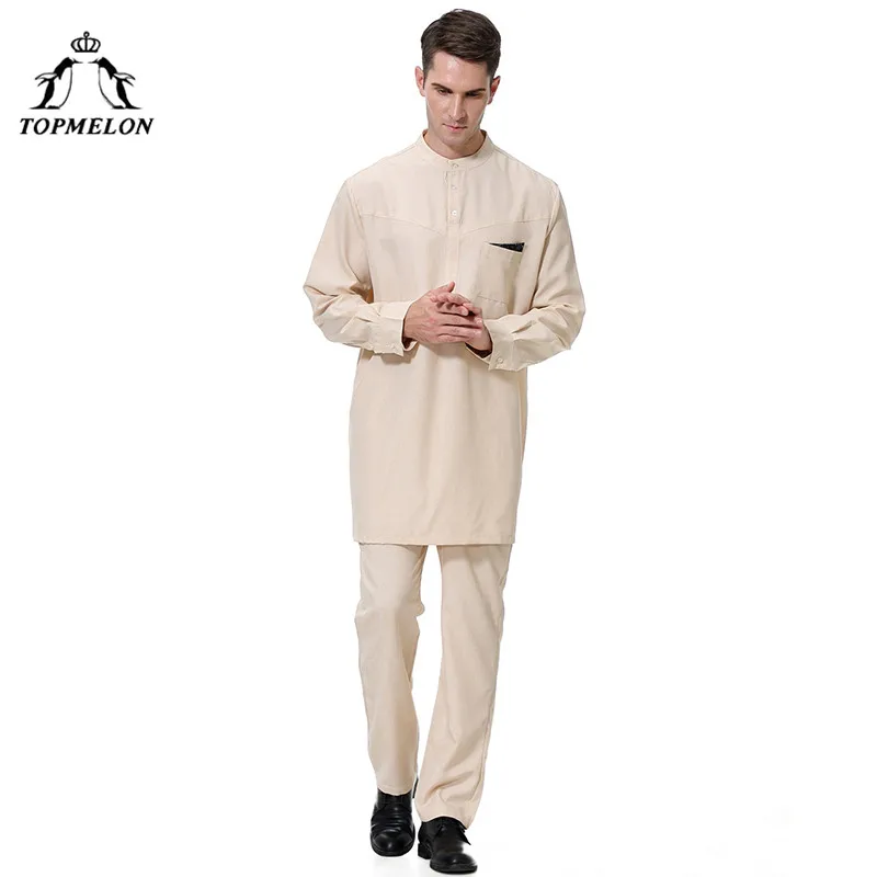 khaki TOPMELON Qatar Kurta Арабский мусульманский ислам комплект одежды мужские juba thebe топы и брюки S-3XL размера плюс новая модная одежда - Цвет: khaki