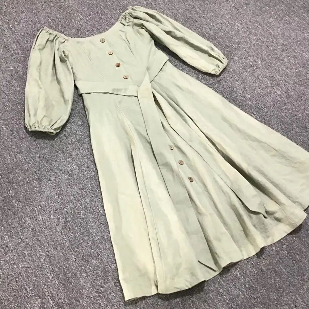 

2019 summer new pure color slash collar lantern short sleeve women mid calf retro dress