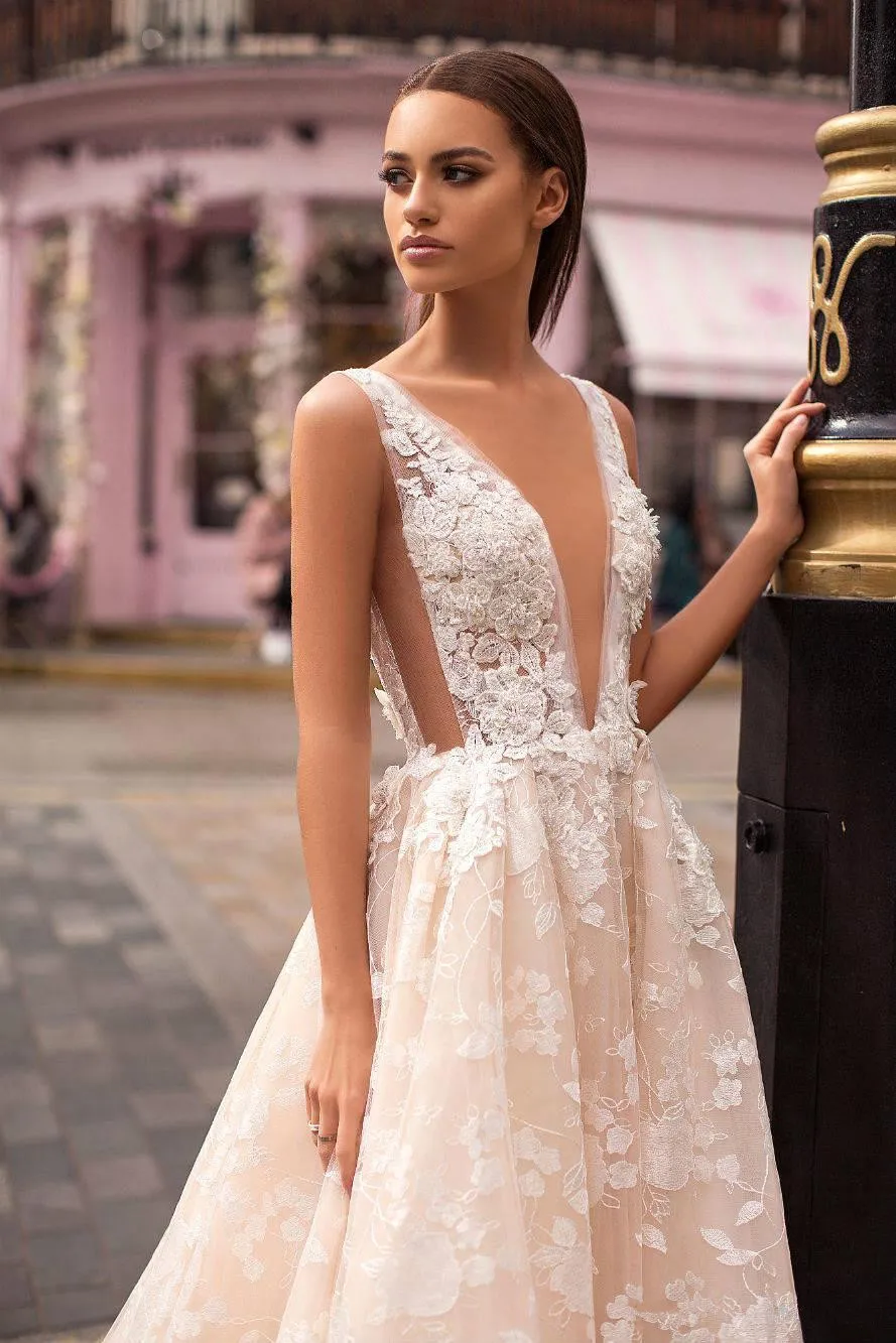 Robe De Mariee элегантное белое свадебное платье трапециевидной формы с аппликацией и v-образным вырезом Свадебное платье вечерние Длинные свадебные платья из фатина Vestido Noiva