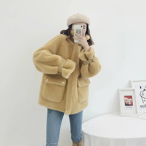 Цвет: желтый OFTBUY, зимняя женская куртка, 50% шерсть, искусственный мех, пальто, гранулы, Овечья стрижка, пальто, женская короткая куртка, Повседневная теплая уличная одежда - Цвет: Цвет: желтый