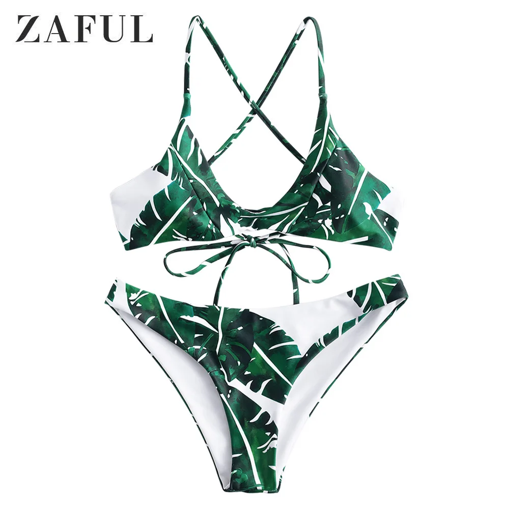 ZAFUL богемное бикини пальмовый лист с застежкой крест накрест набор низкой талией