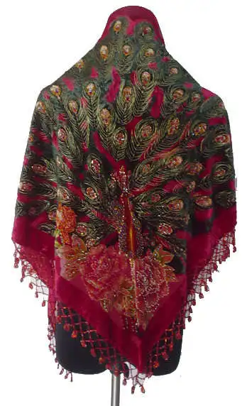 Женский шарф из 100% шелка и вельвета бордовая треугольная шаль с бусинами павлина