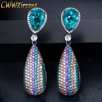 cwwzircons micro pave cubic zirconia stone long dangle drop rainbow color engagement wedding party earrings for women cz567