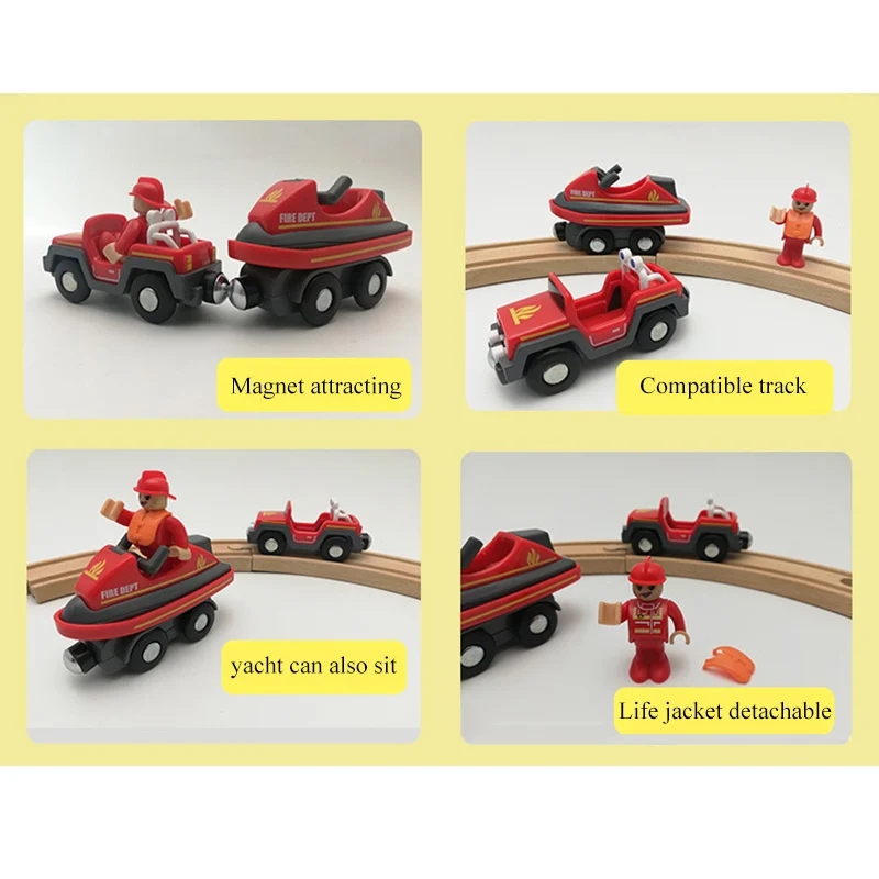 

Wooden Railway Feuerwehr Sets Set with Magnetic Yacht Magnetic Slot Compatible with Brio Wooden Track Car Toy Kids Gift