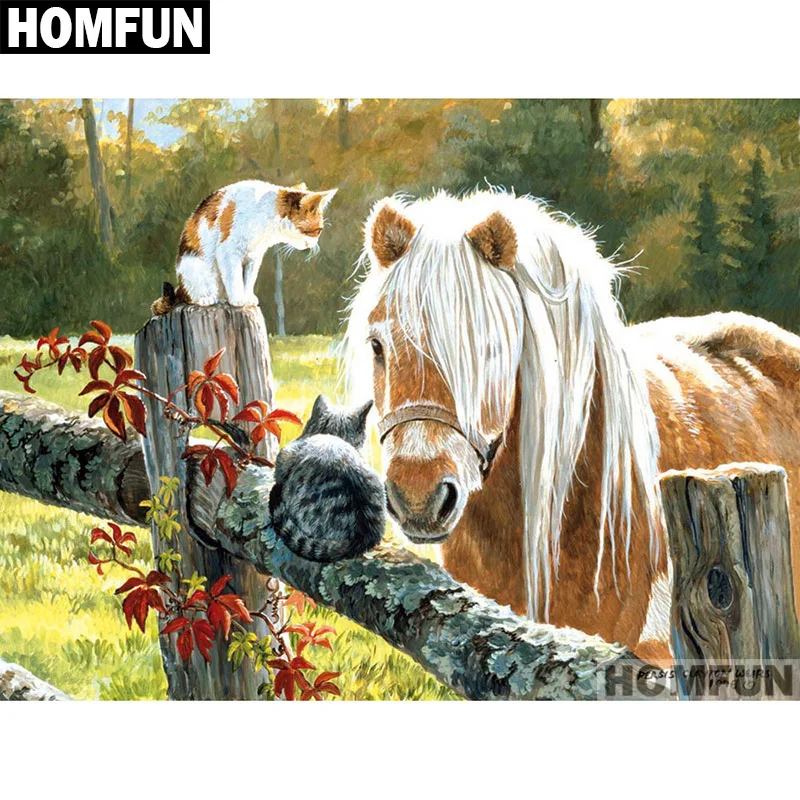 Алмазная 5D Вышивка HOMFUN A01237 Лошадь и кот картина с полными квадратными/круглыми
