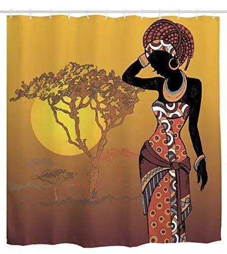 

African Woman Shower Curtain Sunset Tree Water Repellent Fabric Bath Curtains Brown Black