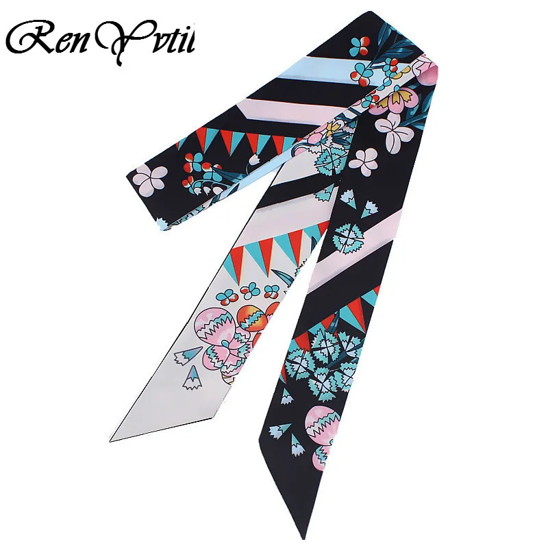

120cm New Design Floral Print Women Small Silk Luxury Brand Bag Ribbons Fashion Head Scarf Hot Sale Long Hair Neckwear Choker