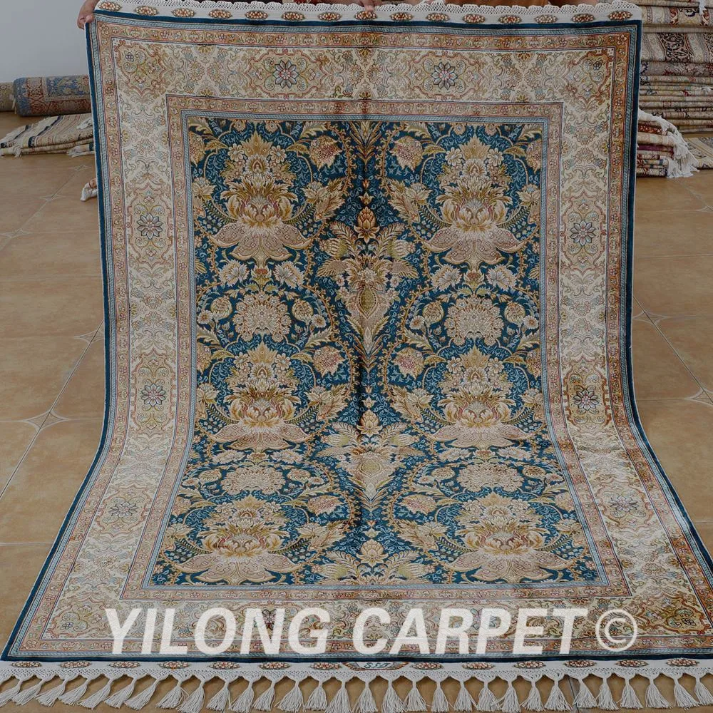 Yilong 4.6'x6.6' Hereke silk carpet blue handmade exquisite hand knotted Turkish rug (1794) | Дом и сад