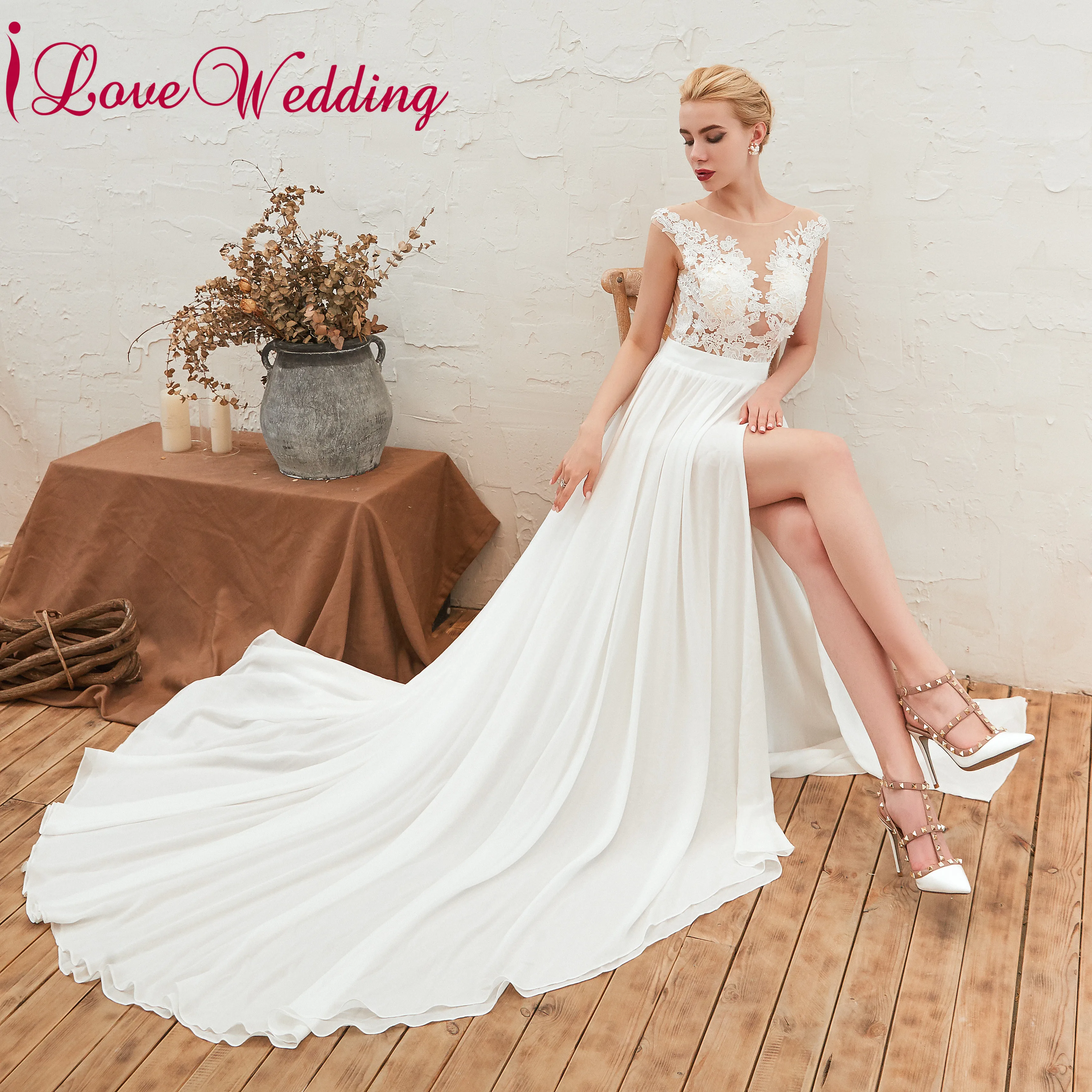 Vestido de noiva прозрачные Топ Кружева Аппликация на заказ шифоновое с высоким