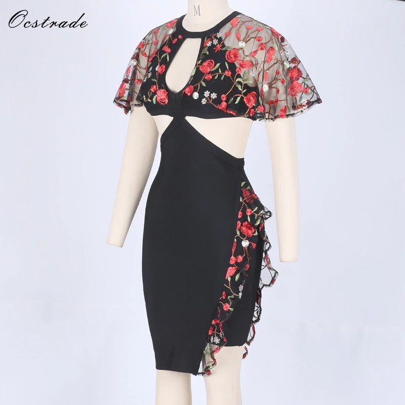 Ocstrade Round Neck Short Sleeve Mini Lace Cut Out High Quality Bandage Dress H0135-Black