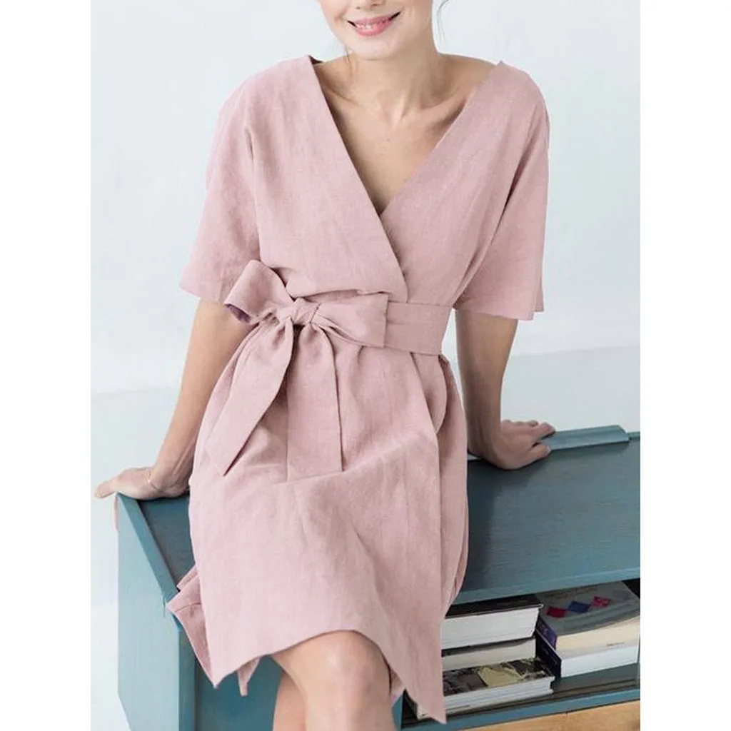 JAYCOSIN Women's Fashion Summer Classic Dresses With Sashes Short Sleeve V Neck Mini Pockets Vestidos dropshipping | Женская одежда