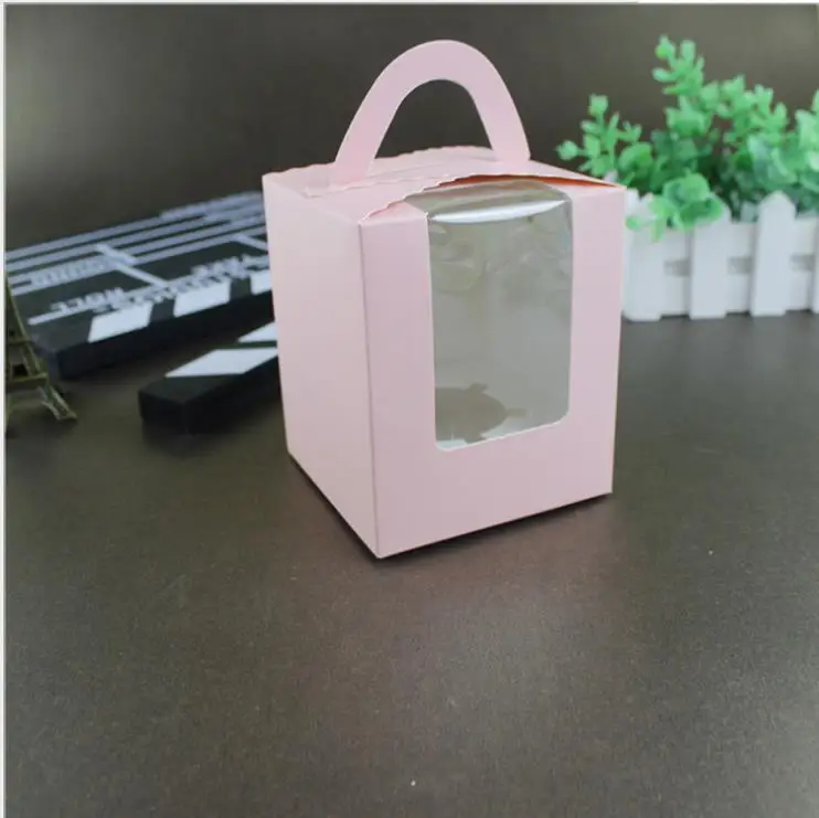 

50pcs Paper Single Cupcake Cake Case Wedding Party Favor Muffin Pod Dome Holder Boxes with Handle PVC Window Muffin Cake Box