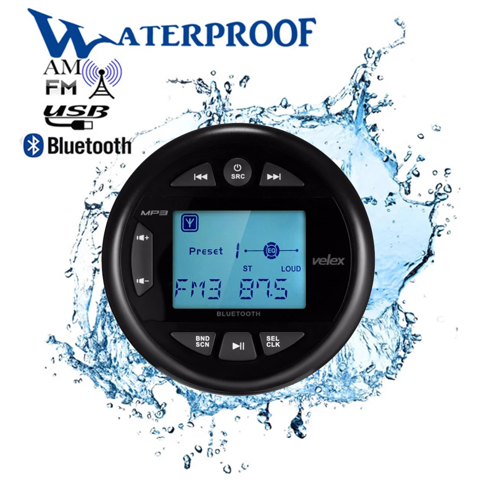 Waterproof Bluetooth Marine Stereo Digital Media Audio Receiver with MP3 Player Radio AM FM USB For ATV UTV Boat Motorcycle