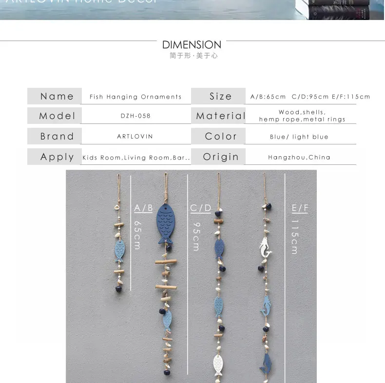 Vintage Blue Fish Hangings Sea-maid Pendant With Drift Wood& Bells Wall Decoration Home Drop Ornaments Kids Room Decor New