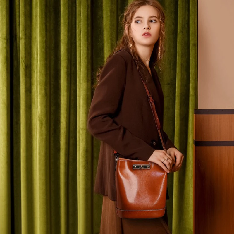 Женская сумка-ведро из натуральной кожи модная однотонная сумка на плечо Большая