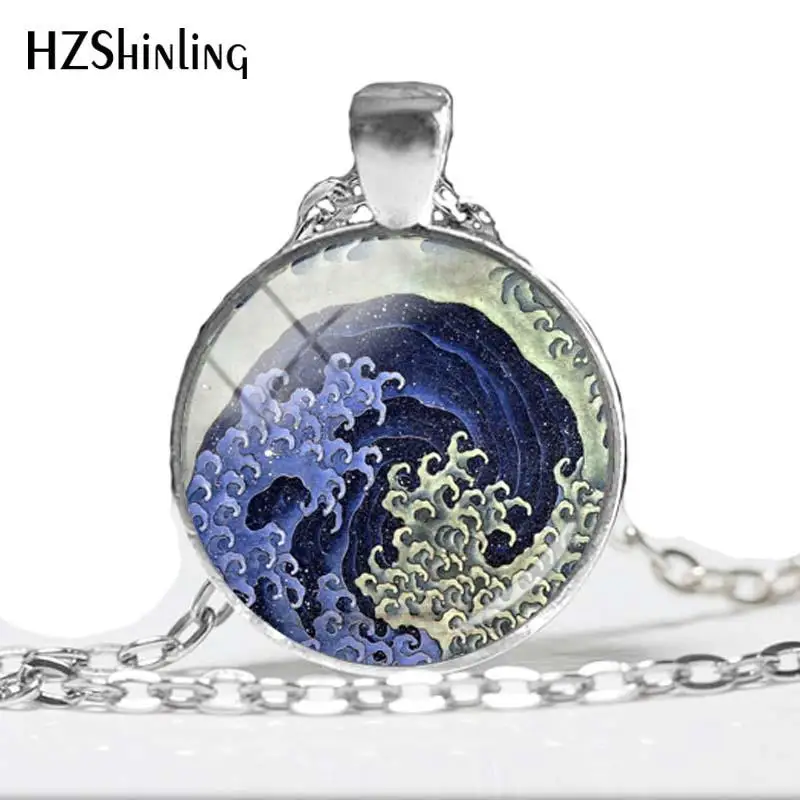 2018 NEW The Great Wave Necklace Japanese Artist Painting Pendant Handmade Jewelry Round Glass Cabochon Necklaces HZ1 | Украшения и