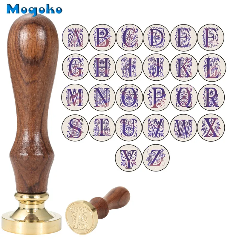 Mogoko Новое поступление 1x деревянная ручка цветочный узор 26 букв Алфавит воск значок печать воск письмо A-Z