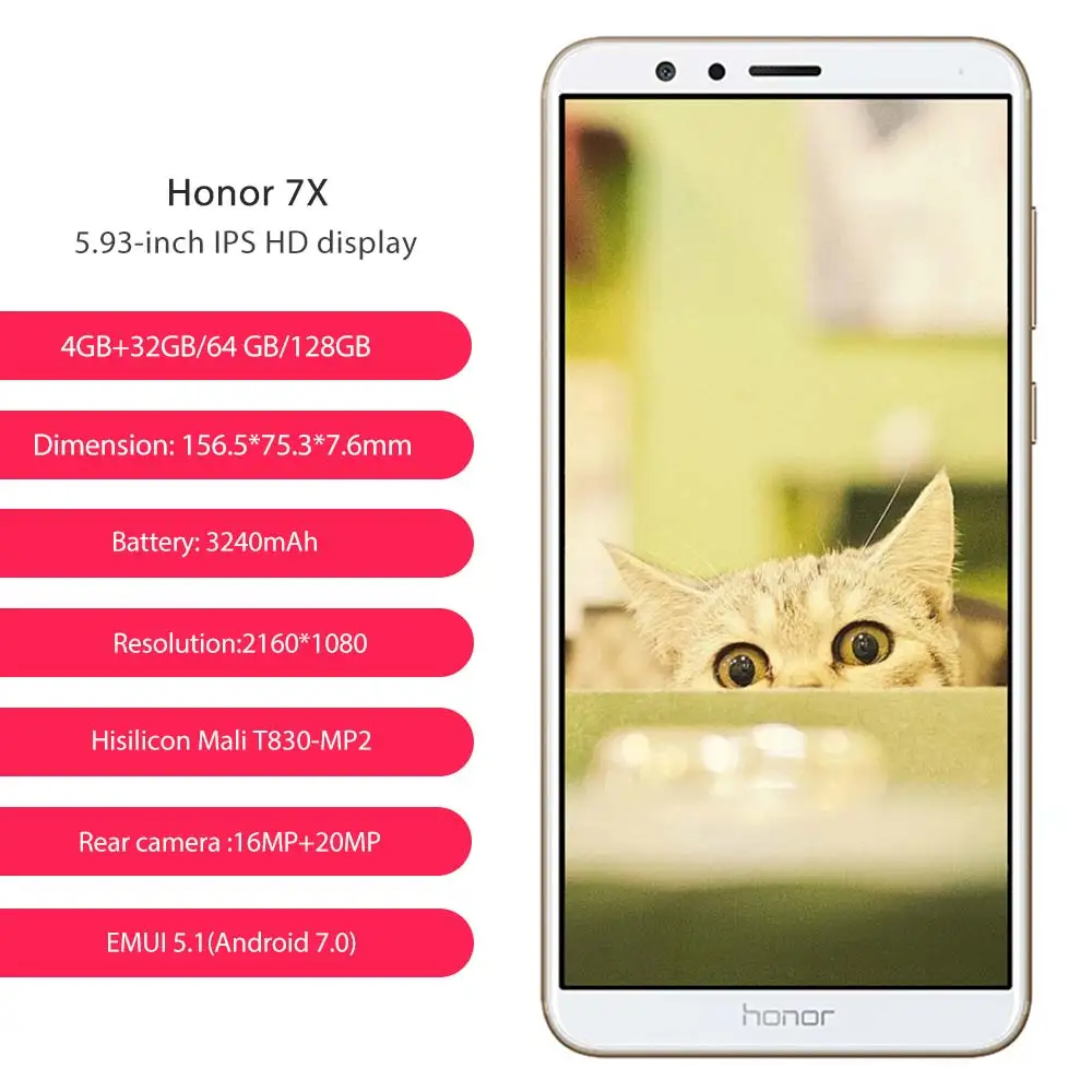 Global ROM Huawei Honor 7x мобильного телефона 8MP + 16MP двойной камеры заднего 3340 мАч 5 93 дюймов