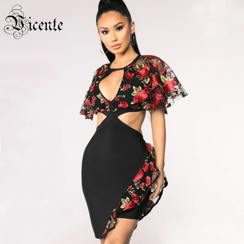 VC Горячая шикарная Цветочная вышивка мини платье Сексуальная Талия вырезанный