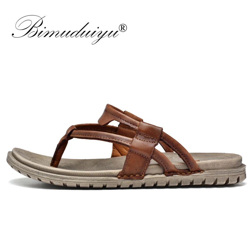 Мужские летние дышащие шлепанцы BIMUDUIYU из натуральной кожи нескользящая ручной