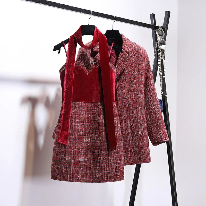 Winter Temperament Ladies Small Fragrance Velvet Dress+ Knit Coarse Woolen Jacket Two Sets Women Plaid Coats Female Ribbons