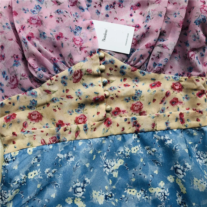Bazaleas Ретро кружевные буфы на рукавах женские платья винтажные пояса vestido праздничные Цветочные Цветные Лоскутные женские платья Прямая