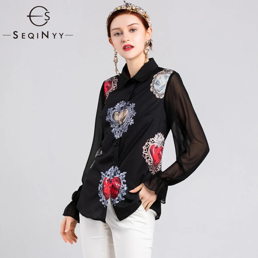 SEQINYY модная блузка Лето Весна Новая мода для женщин плюс 3XL полупрозрачная длинная рубашка с длинным рукавом-фонариком ювелирный принт Черная Рубашка