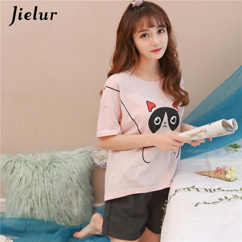 Jielur летние с рисунком кота Для женщин пижамные комплекты короткий рукав