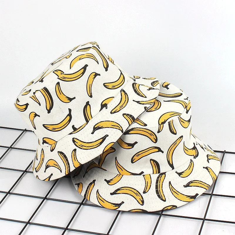 

Summer 100% Cotton Bucket Hats Outdoor Unisex Casual Double Faced Wear Fisherman Caps Banana Printed Casquette