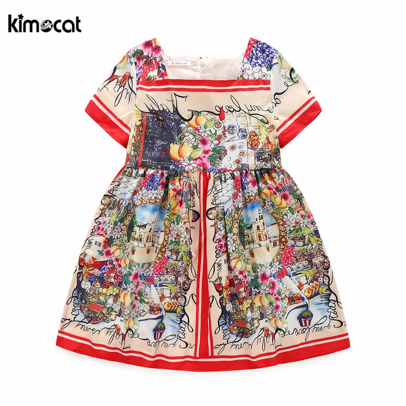 Kimocat Summer Brand girls Dress Beach Style Floral Print Dresses For Girls Vintage Toddler Clothing Baby | Детская одежда и обувь