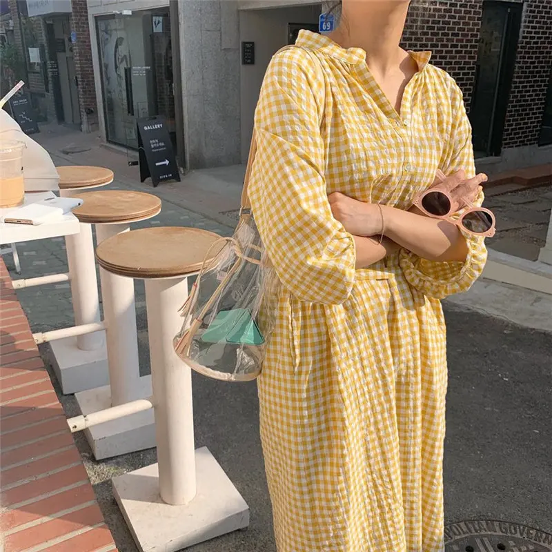 Alien Kitty Chic Summer Plaid Lazy Style Casual Sweet Sunscreen High Quality Lace Up Loose Short Sleeve All-Match Yellow Dress | Женская