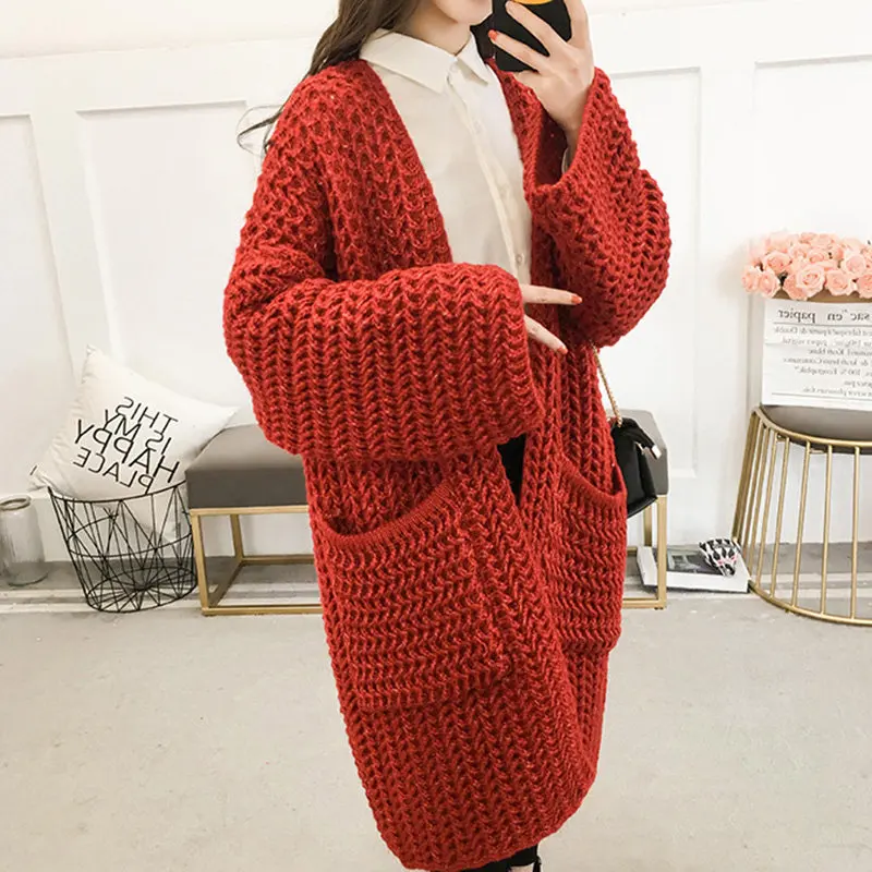 red Женский осенний зимний однотонный длинный свитер, кардиган, плотный теплый шерстяной кардиган с большим карманом, Женский вязаный жакет большого размера LQ346 - Цвет: red