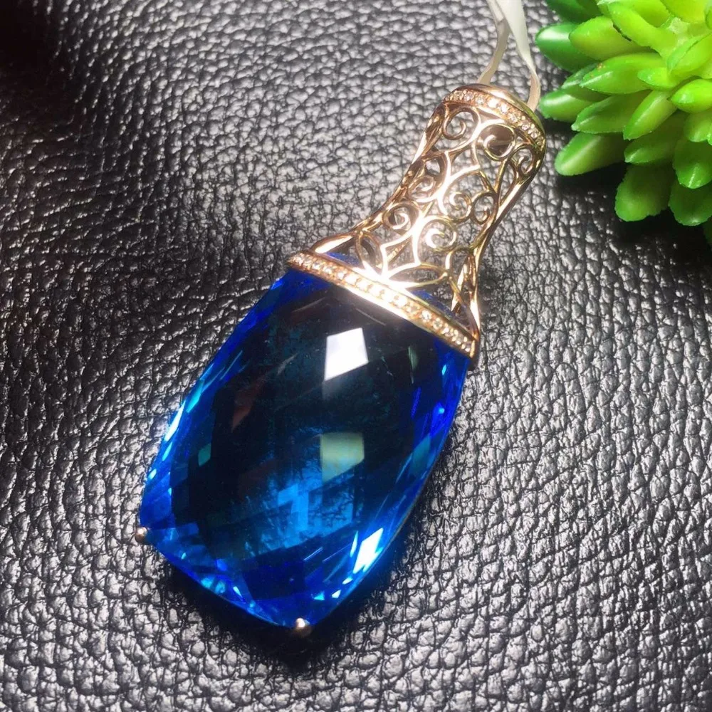 Fine Jewelry Collection Real 18K Rose Gold Natural Blue Topaz Gemstone Pendant Necklace For Women Pendants | Украшения и