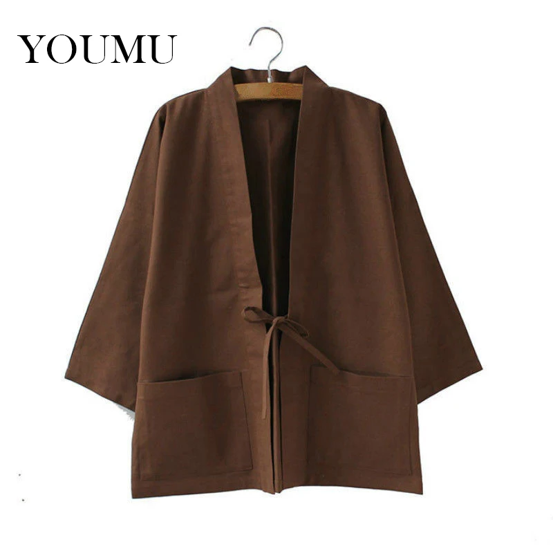 

Women Cotton Linen Japan Style Coat Pockets 3/4 Sleeve Yukata Kimono 5 Colors Belt Jacket Streetwear Fashion New 912-407