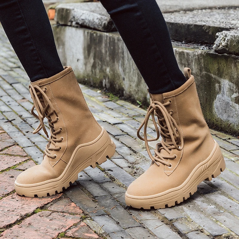 

WETKISS Thick High Heels Women Ankle Boots Round Toe Waterproof Footwear Cow Suede Female Army Boot Platform Shoes Women Autumn